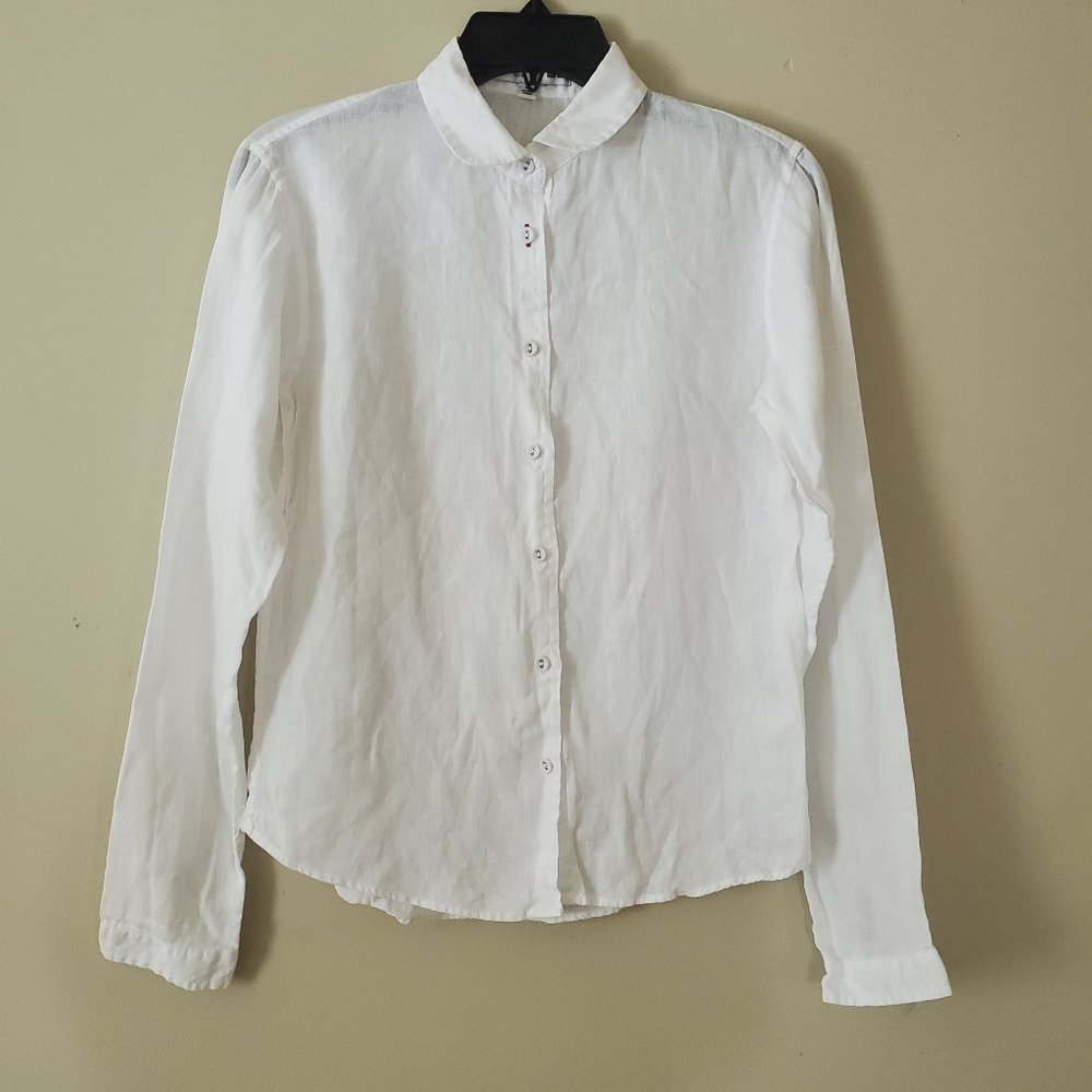 Ines De La Fressange × UNIGLO Pure White Linen Round Collar Button Down Size XS